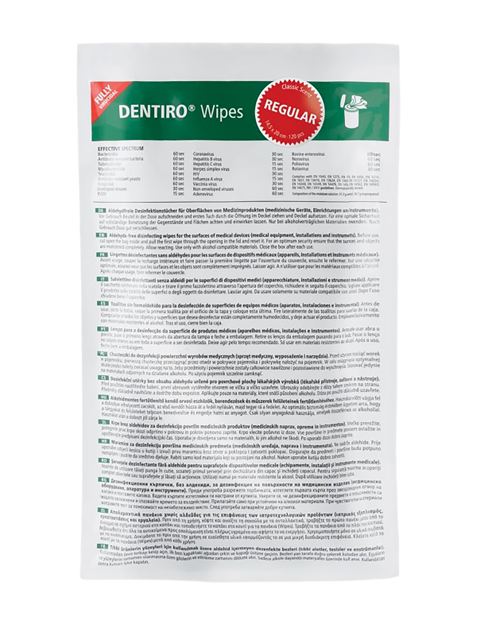 Dentiro Desinfectie Wipes alcohol doekjes navulling, 12x120 stuks, afmeting 14,5x20cm